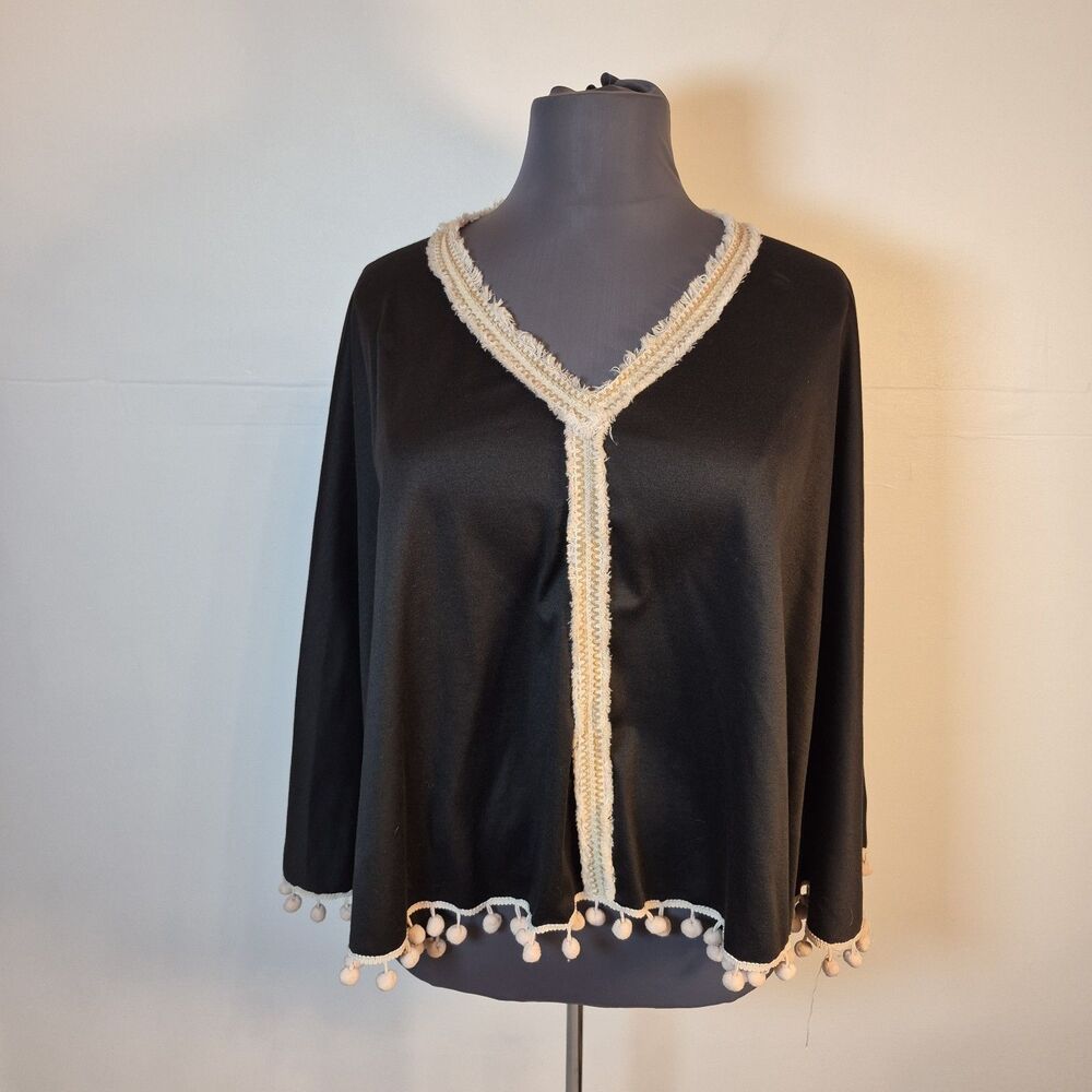 Basically Me Women's Poncho One Size Knit Black Tan Embroidered Pom-Poms